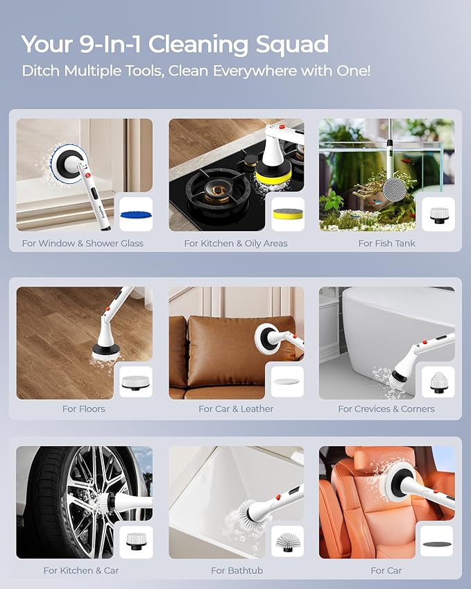 Power Spin Scrubber 🧼 - 9 Heads, Adjustable & Cordless for Deep Cleaning
