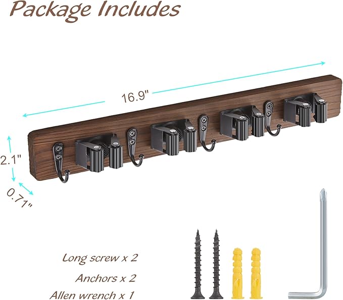 Wall-Mounted Broom & Mop Holder 🧹 | Rustic Wood & Metal Tool Organizer for Garage, Closet & Laundry Room