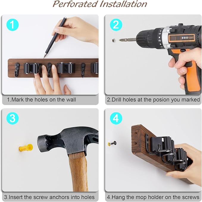 Wall-Mounted Broom & Mop Holder 🧹 | Rustic Wood & Metal Tool Organizer for Garage, Closet & Laundry Room