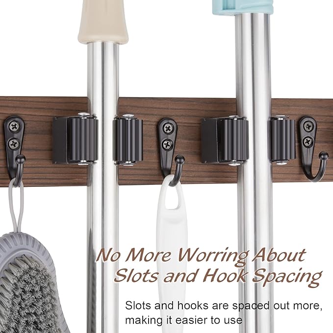 Wall-Mounted Broom & Mop Holder 🧹 | Rustic Wood & Metal Tool Organizer for Garage, Closet & Laundry Room