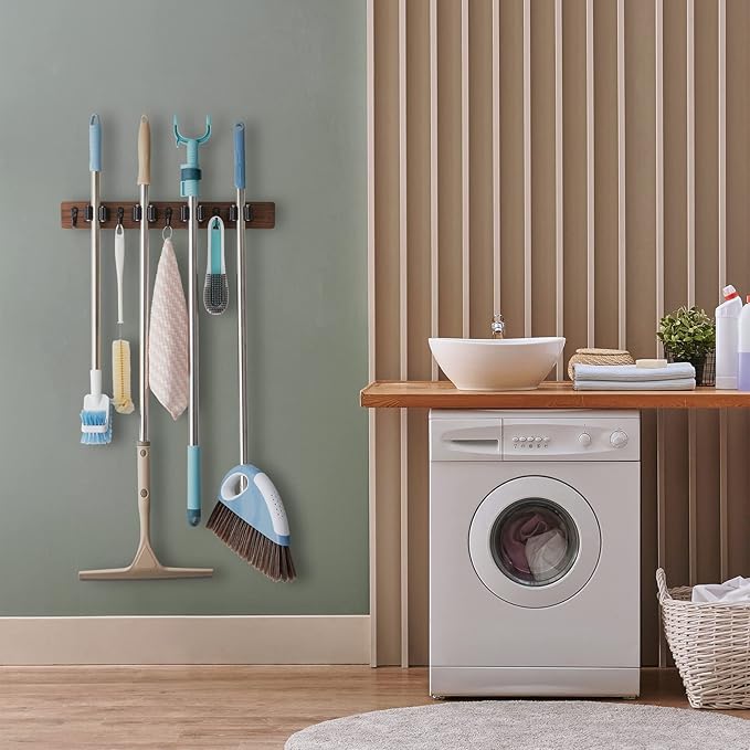 Wall-Mounted Broom & Mop Holder 🧹 | Rustic Wood & Metal Tool Organizer for Garage, Closet & Laundry Room