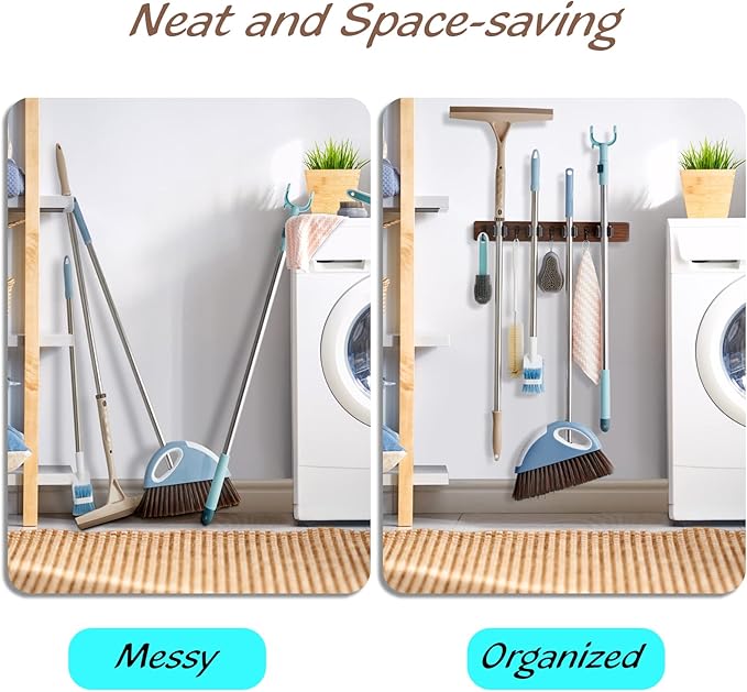 Wall-Mounted Broom & Mop Holder 🧹 | Rustic Wood & Metal Tool Organizer for Garage, Closet & Laundry Room