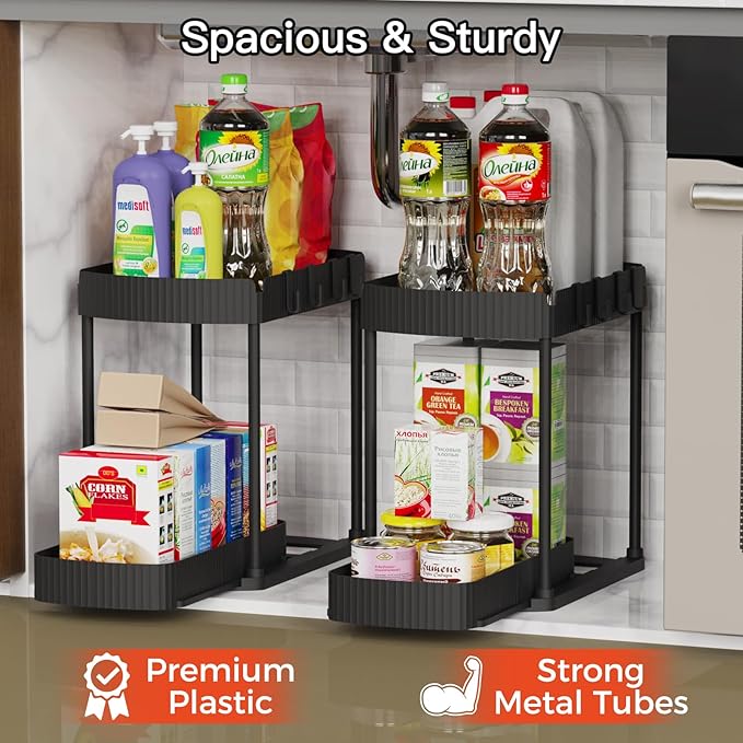 2-Pack Pull-Out Organizer | Under Sink & Cabinet Storage 🛁✨ Kitchen & Bathroom Space Saver