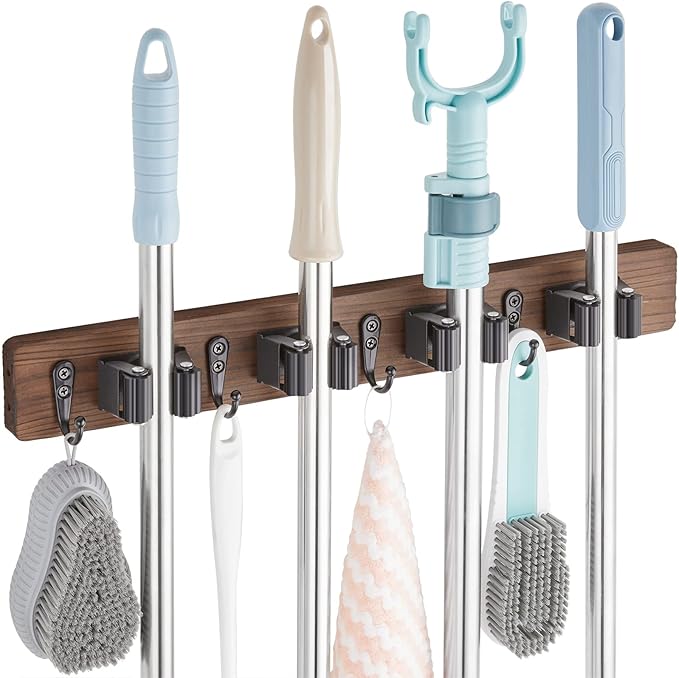 Wall-Mounted Broom & Mop Holder 🧹 | Rustic Wood & Metal Tool Organizer for Garage, Closet & Laundry Room