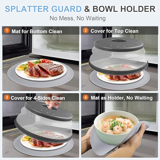🔥 10-Inch Collapsible Microwave Cover & Silicone Mat Set – Splatter Guard, Bowl Holder, Kitchen Helper 🍽️✨